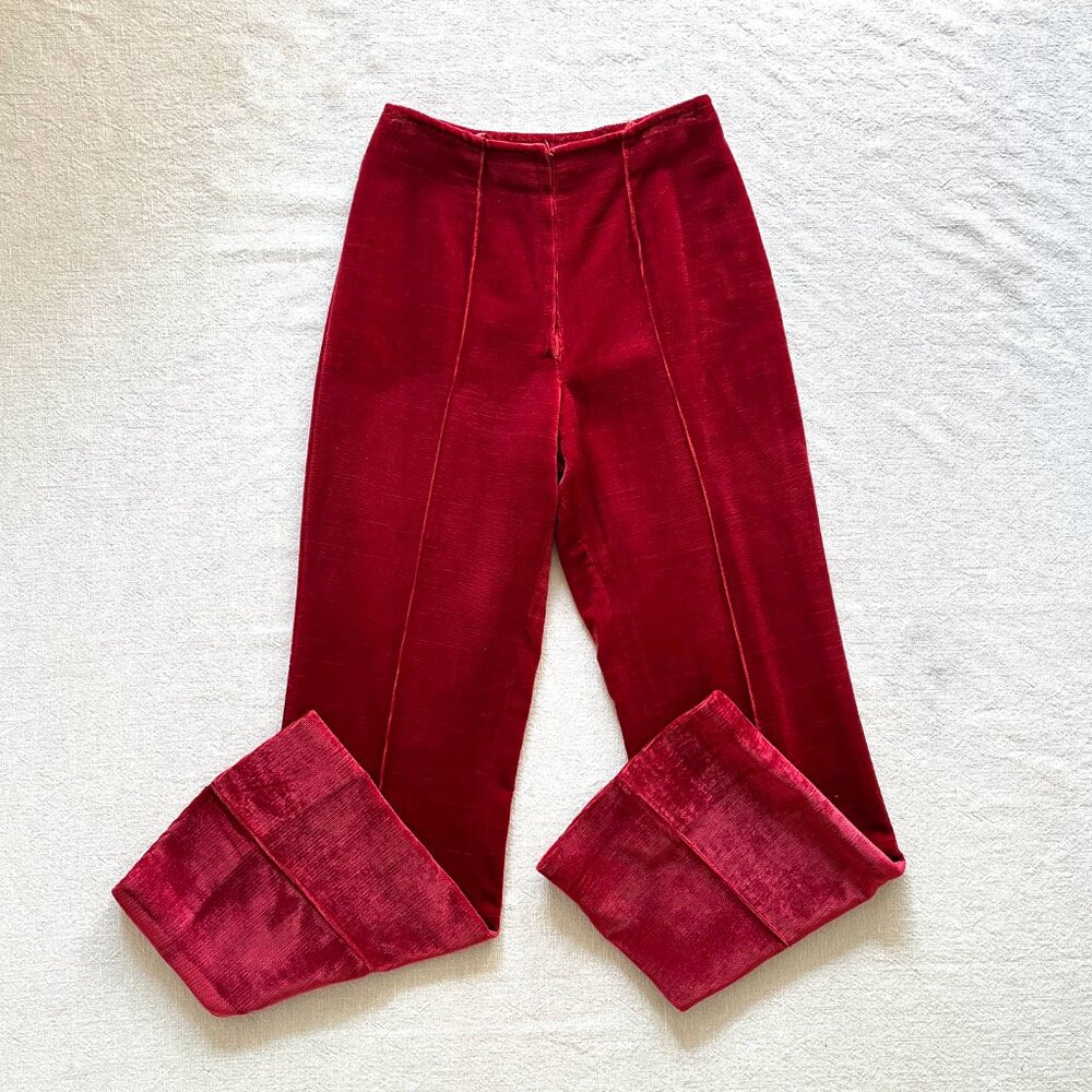 Vintage 60s Women's Dark Red Velvet Corduroy Flare Leg High Waist Pants 26"W